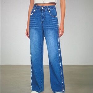Blue Wide-Leg Jeans with Pearl Details